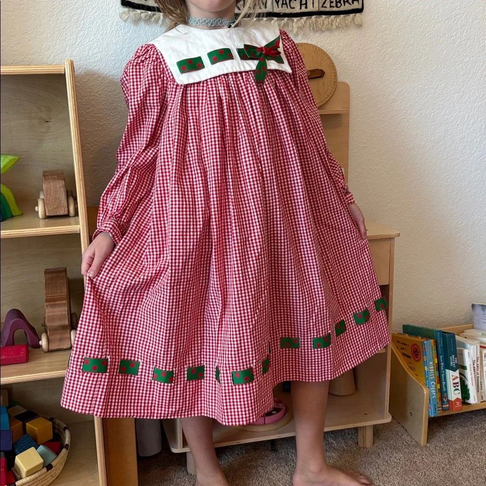 Vintage Christmas Peaches n Cream Red Gingham Polka Dot Ribbon Prairie Dress